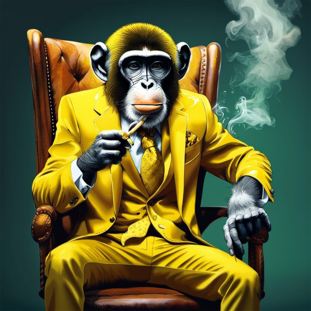 Monkey in Yellow Suit Smoking Banana, Hyperrealistic Art