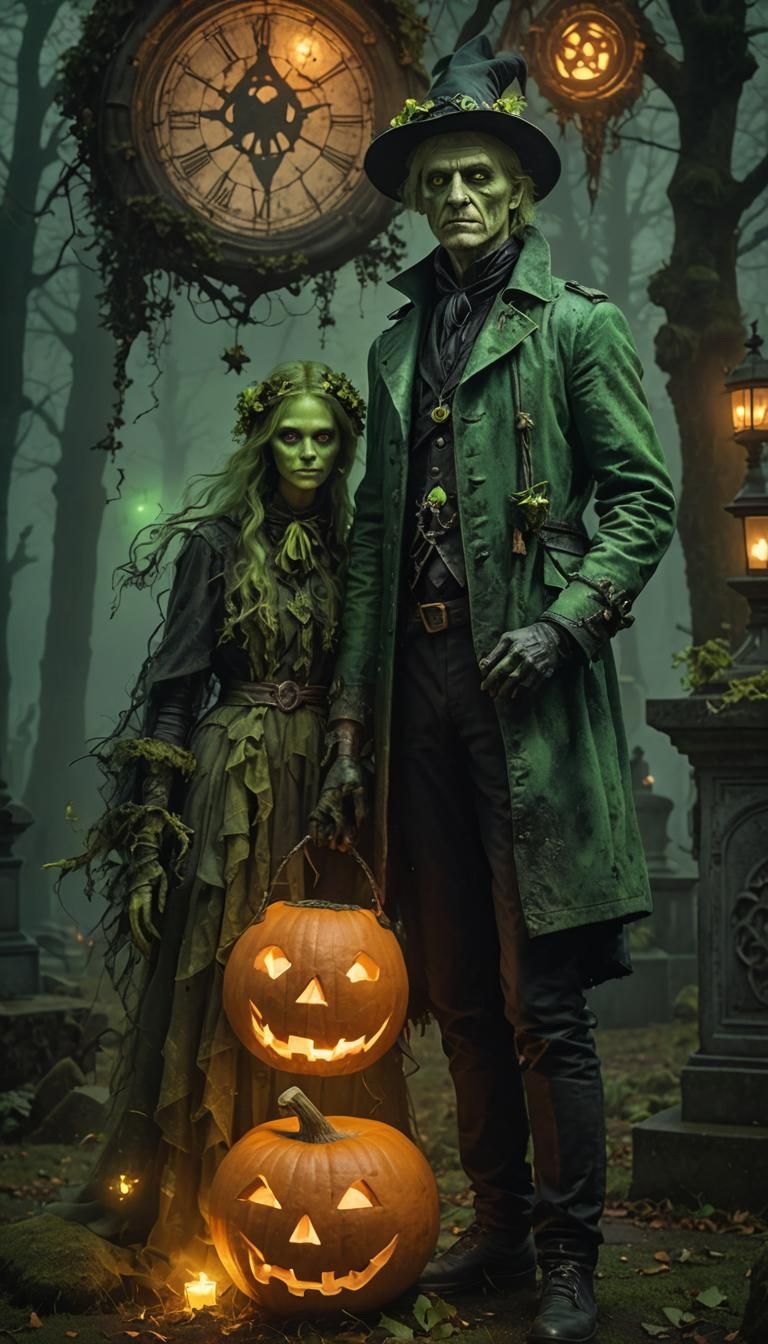 Fluorescent Green Witch in Cemetery with Ghosts