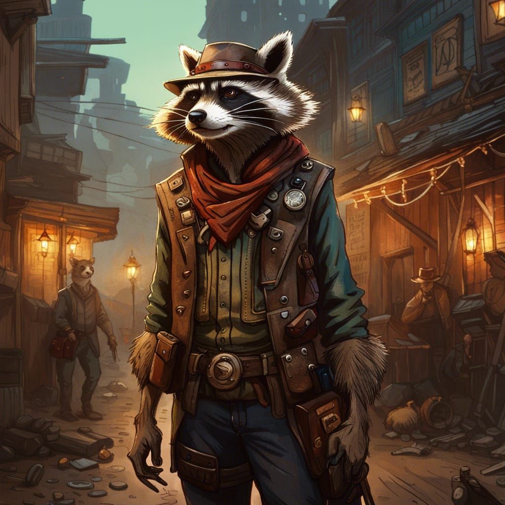 Steampunk Cyborg Cowboy Raccoon in Wild West Town