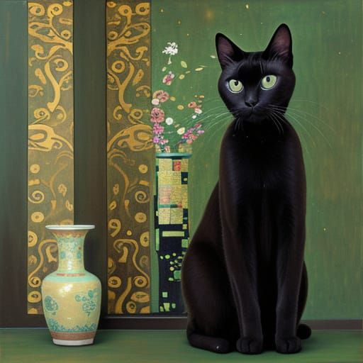 A Siamese cat standing next to a Ming vase. Gustav Klimt, Da...