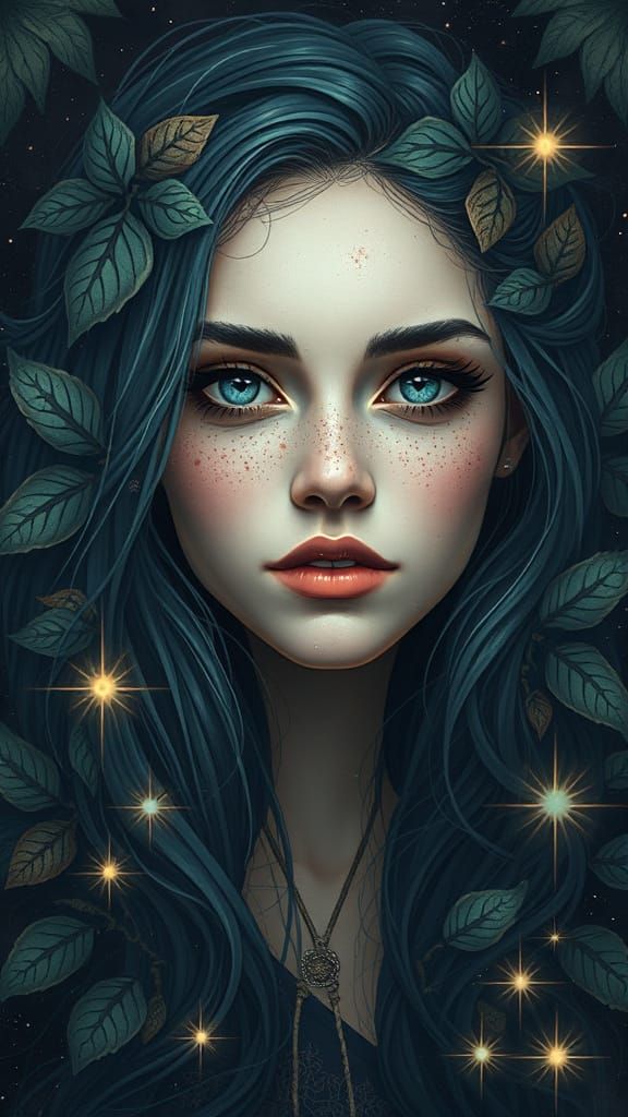 Aqua-Eyed Woman Surrounded by Cosmic Patterns