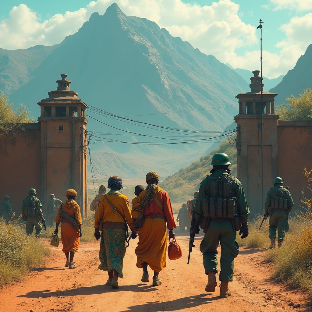 African Women Approach Fortified Border Gate Amidst Mountain...