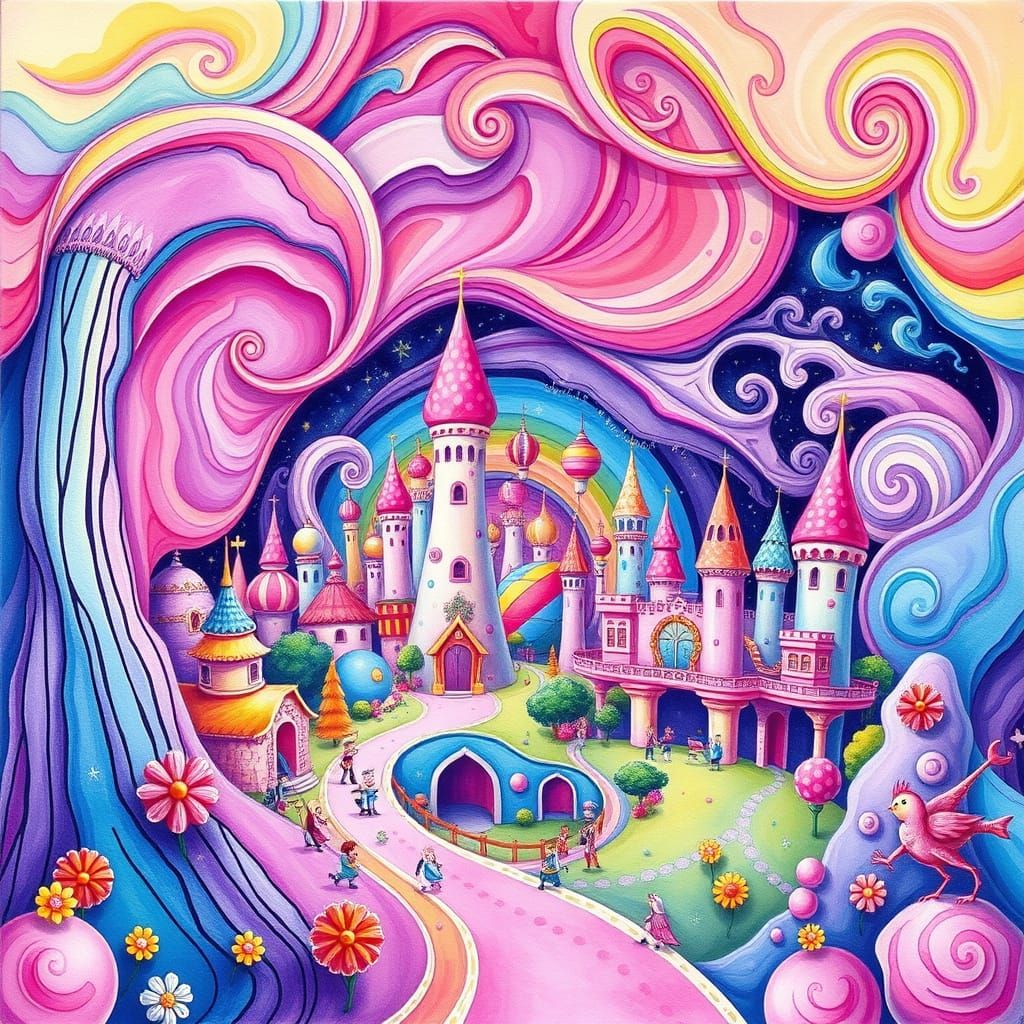 Pastel Candyland Utopia with Gouache Swirls
