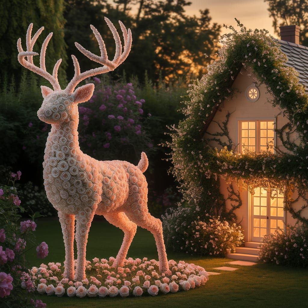 Floral Deer Sculpture in Vibrant Garden at Sunset