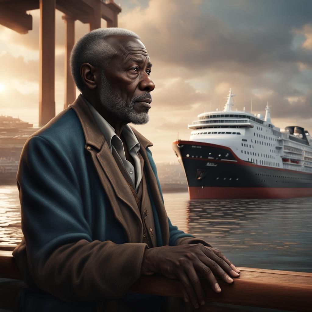 Sad Old Man Watches Ship: Detailed Matte Painting