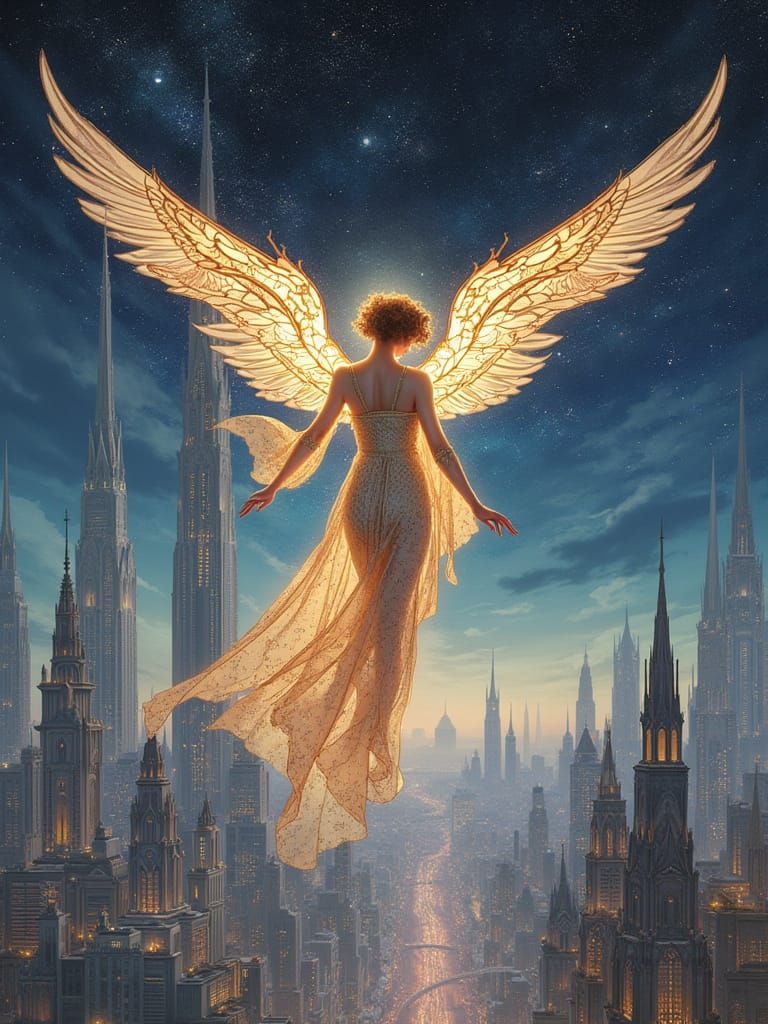 Celestial Being Above Futuristic City in Art Nouveau Style