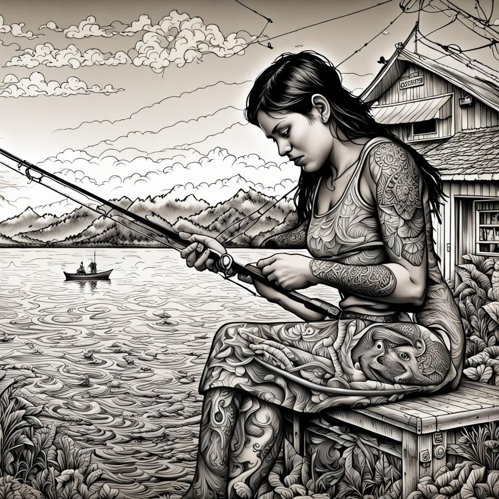 New Zealand Tattoo Design: Fishing Girl and Willie Waiter