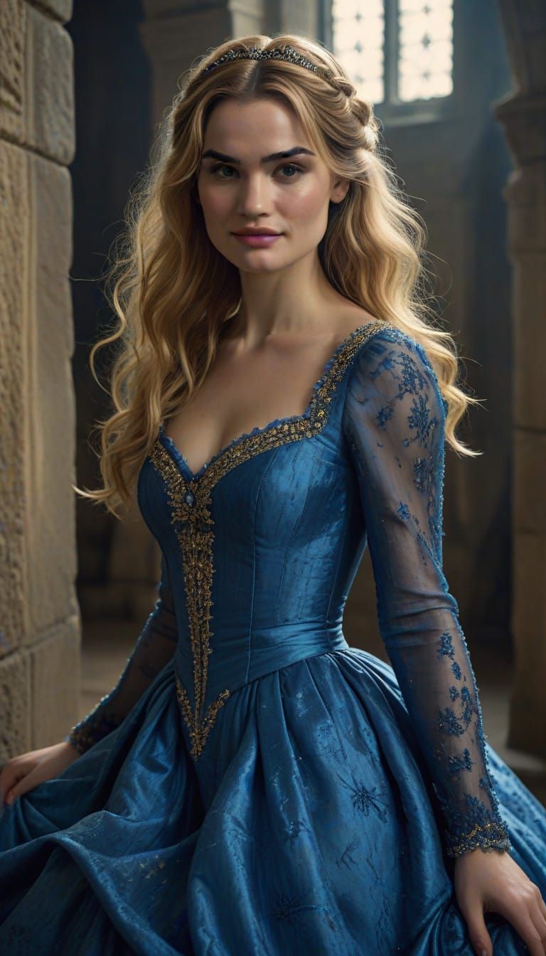 Fairytale Princess Cinderella Smiles in Regal Blue Lace Gown