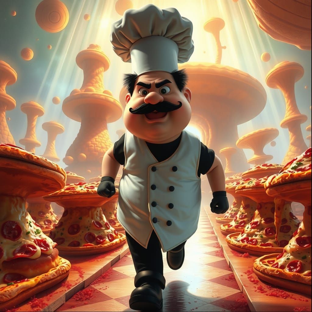 Pizza Chef Runs Through Pizza Land in Sorayama Style