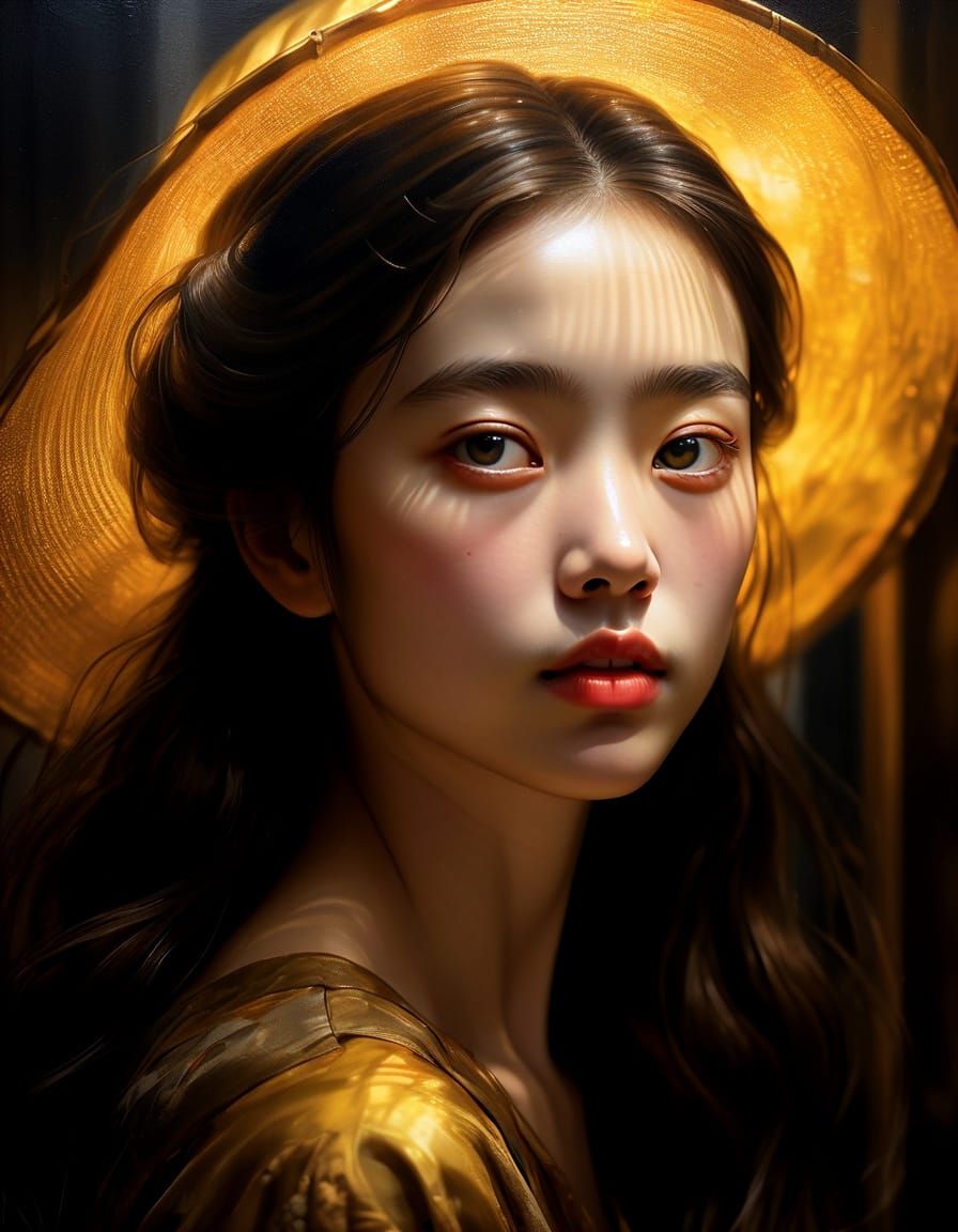 Hyperrealistic Oil Painting of a Mysterious Woman in Soft Go...