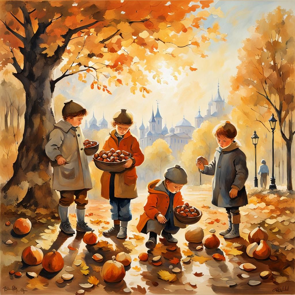 Children Collecting Chestnuts: Modern Acrylic Art