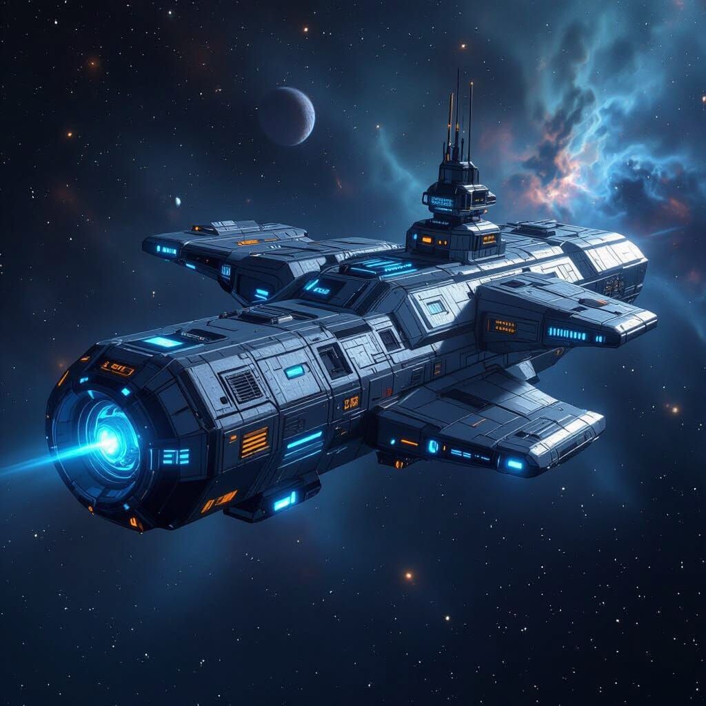 Intricate Space Station Soaring Through Nebula