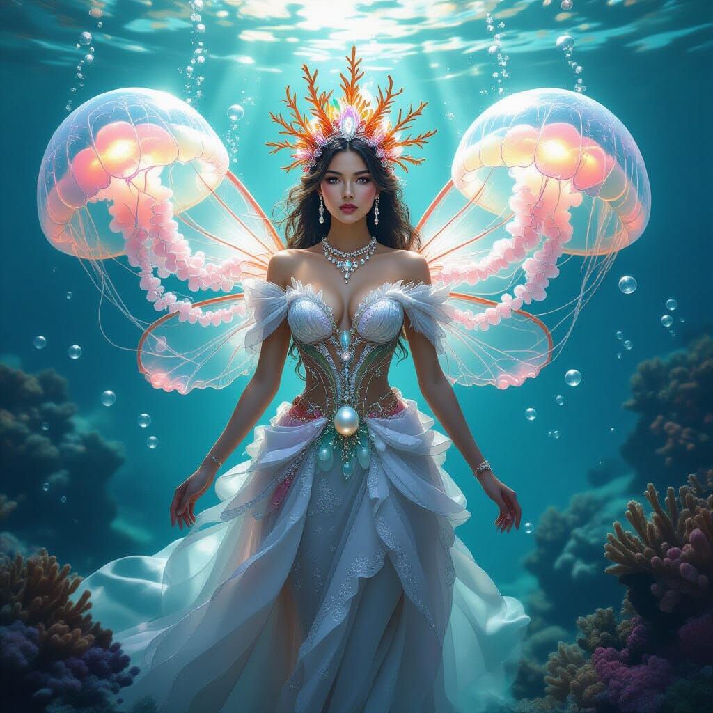 Coral Empress with Bioluminescent Wings in Fantasy Style
