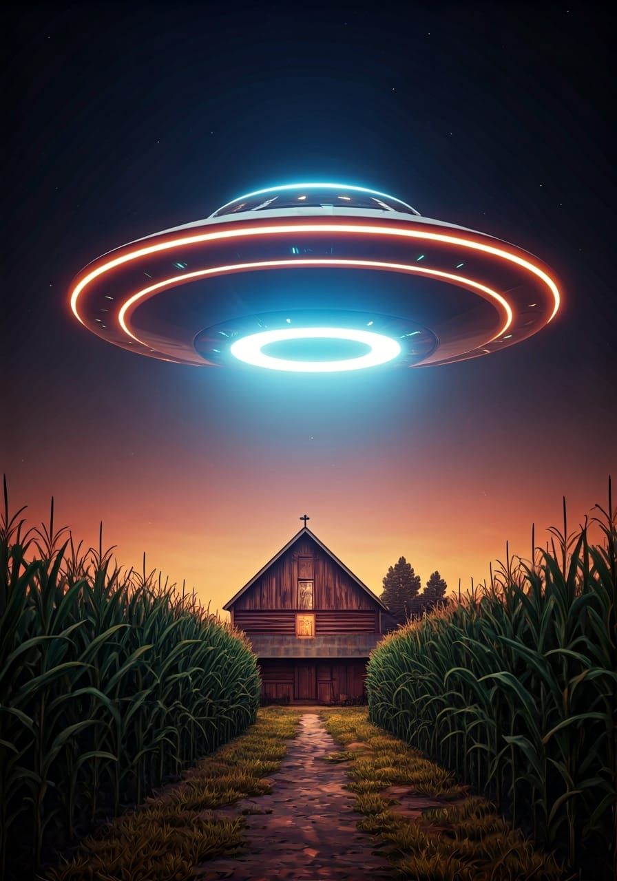 Flying Saucer over Farmhouse: Hyperrealistic Sci-Fi Art