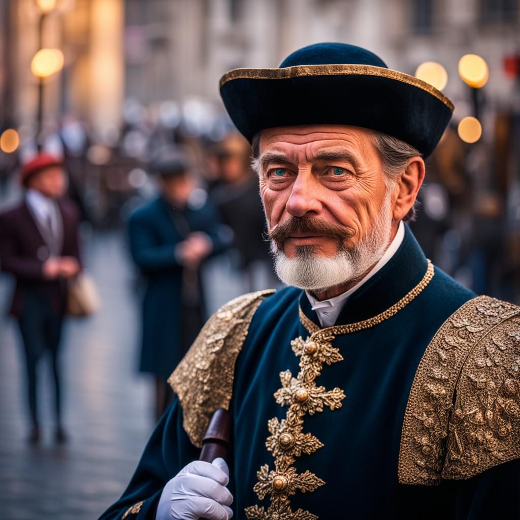Renaissance Nobleman in Modern City Street