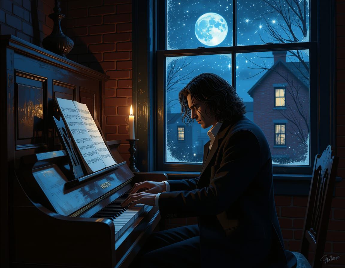 Ethereal Piano Player in Moonlit 19th Century Room