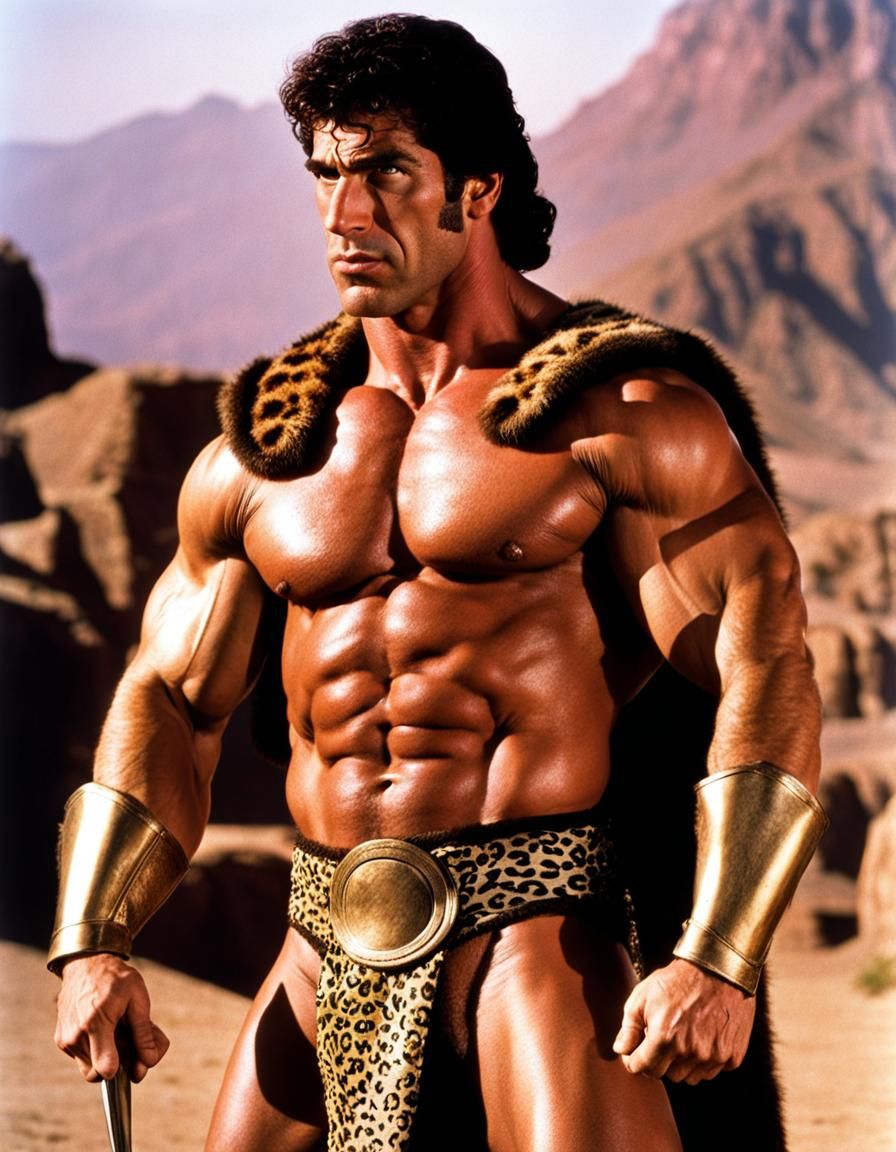 Hercules Flexing Muscles in 1980s Film Style