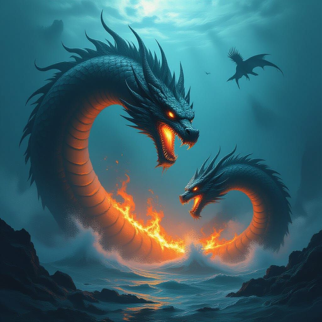 Giant Sea Serpent Devours Fiery Dragon in Dark Fantasy Style