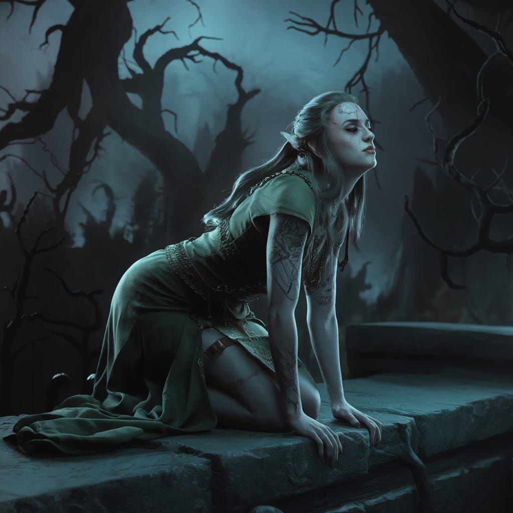 Hyperrealistic Emo Woman Kneeling in Dark Forest