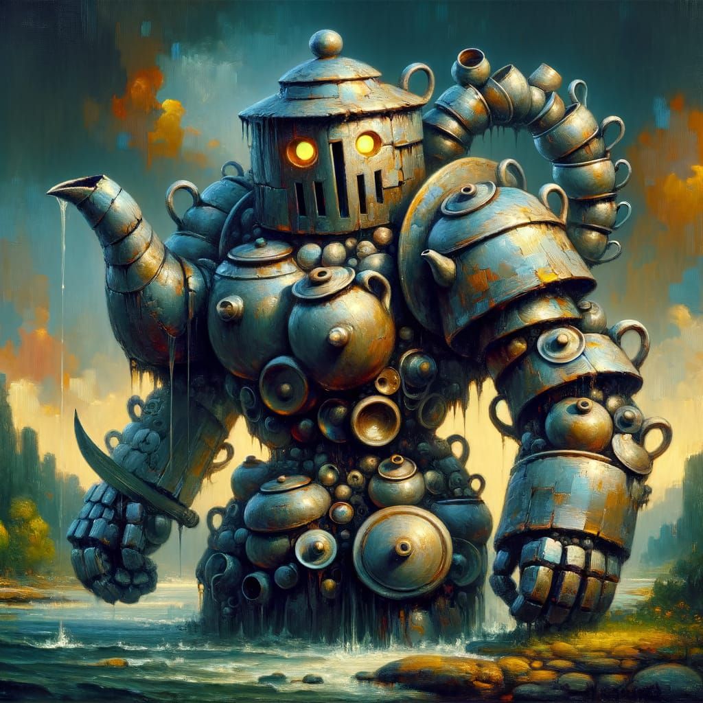 Teapot Knight Golem in Whimsical Fantasy Landscape