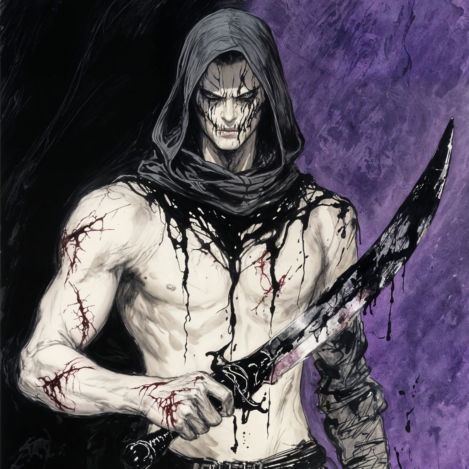 Menacing Figure with Ritual Dagger in Ink Style