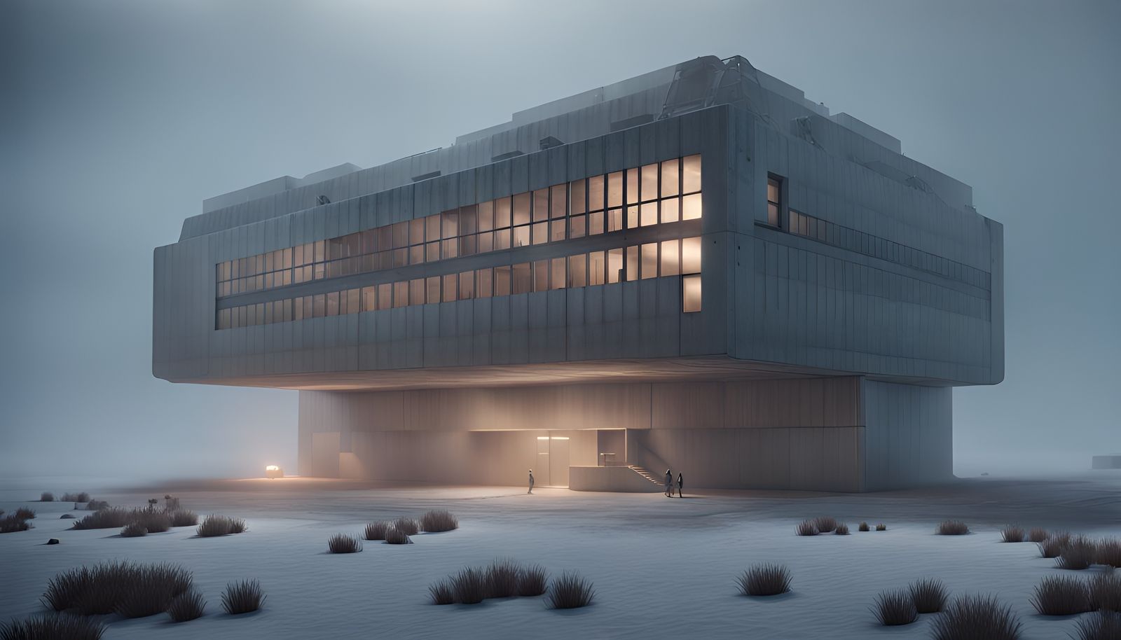 Brutalist Research Facility in Frozen Desert: 3D Rendering