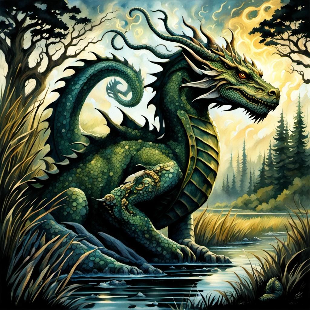Majestic Runed Dragon in Sunlit Gothic Marsh