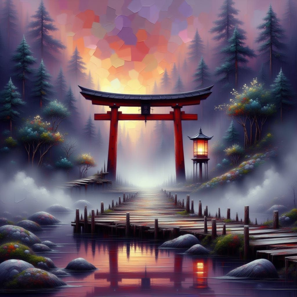 Mystical Red Torii Gate in Ethereal Forest Mist