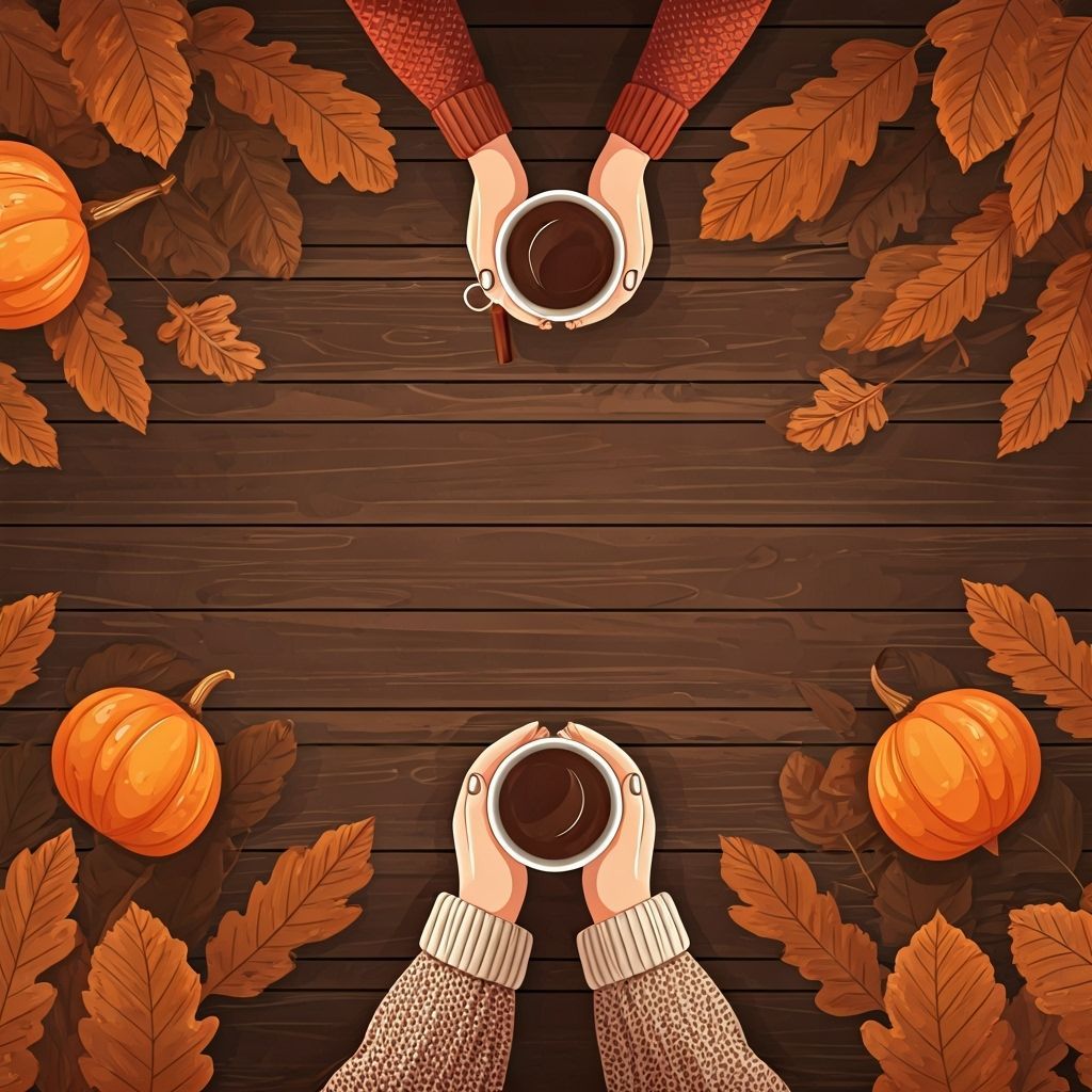 Cozy Autumn Scene with Warm Drinks, Russ Mills Style