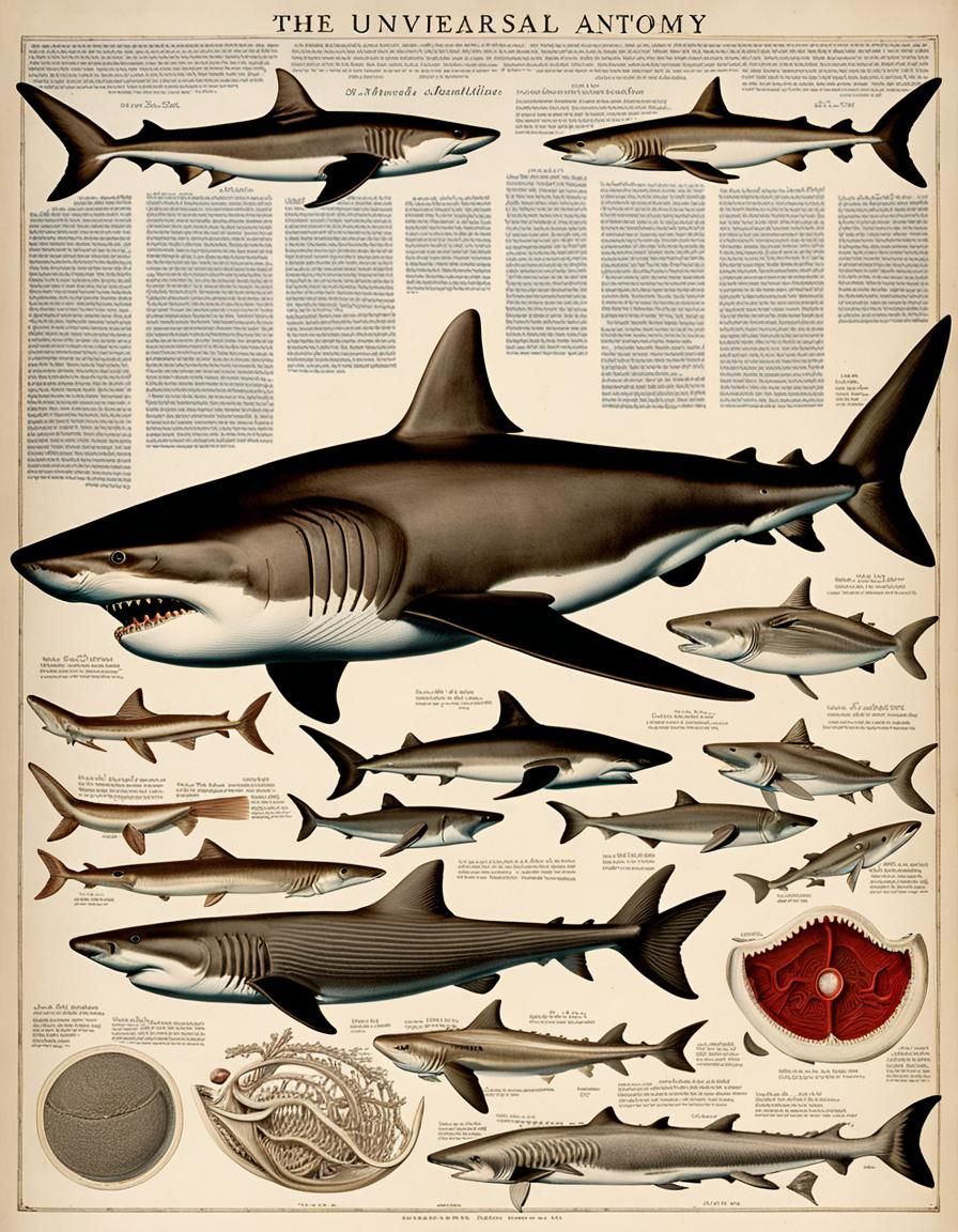 Detailed Shark Anatomy Engraving in Sepia Tones