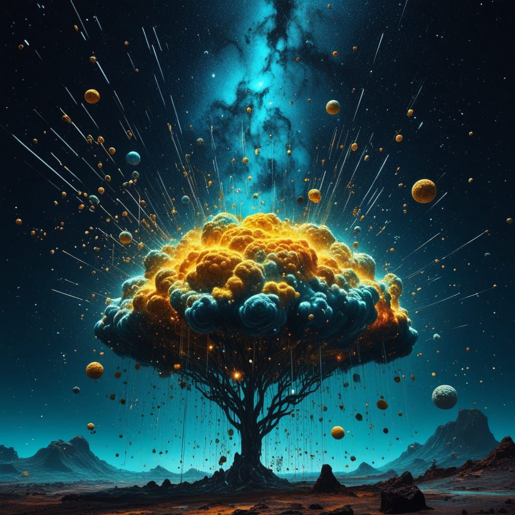 Cosmic Shower on Distant Planet in Surreal Style