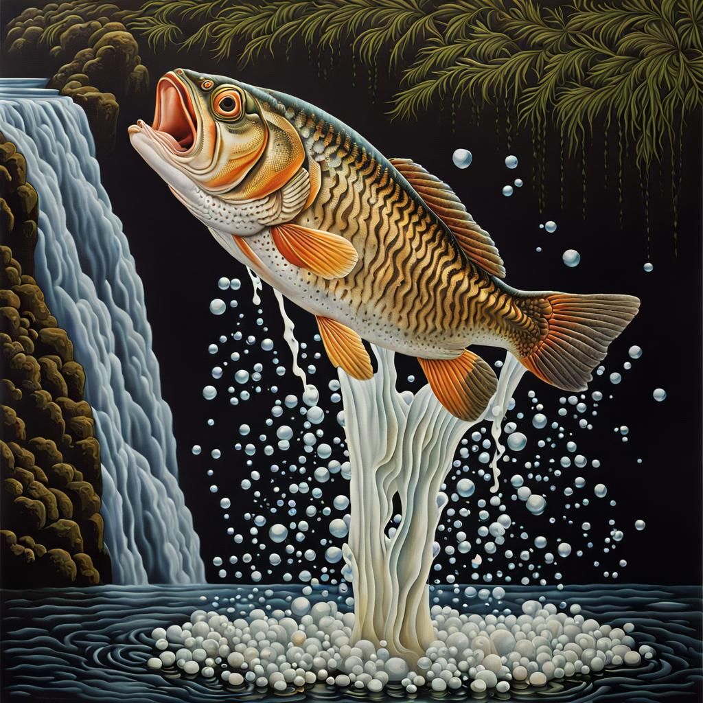 Fish Leaping Waterfall in Milk Bath: Tempera Art