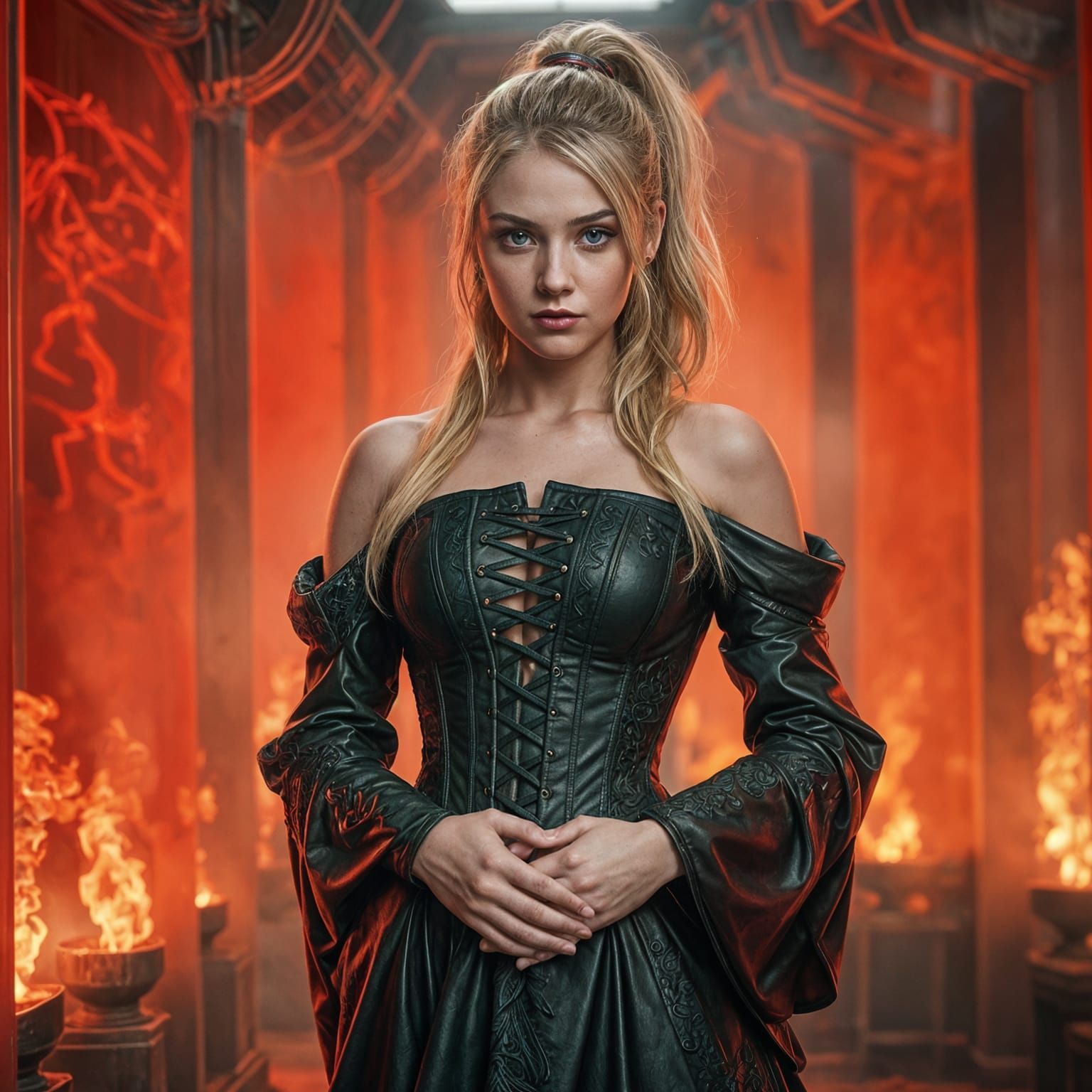 Stunning Woman in Leather Amidst Glowing Pillars