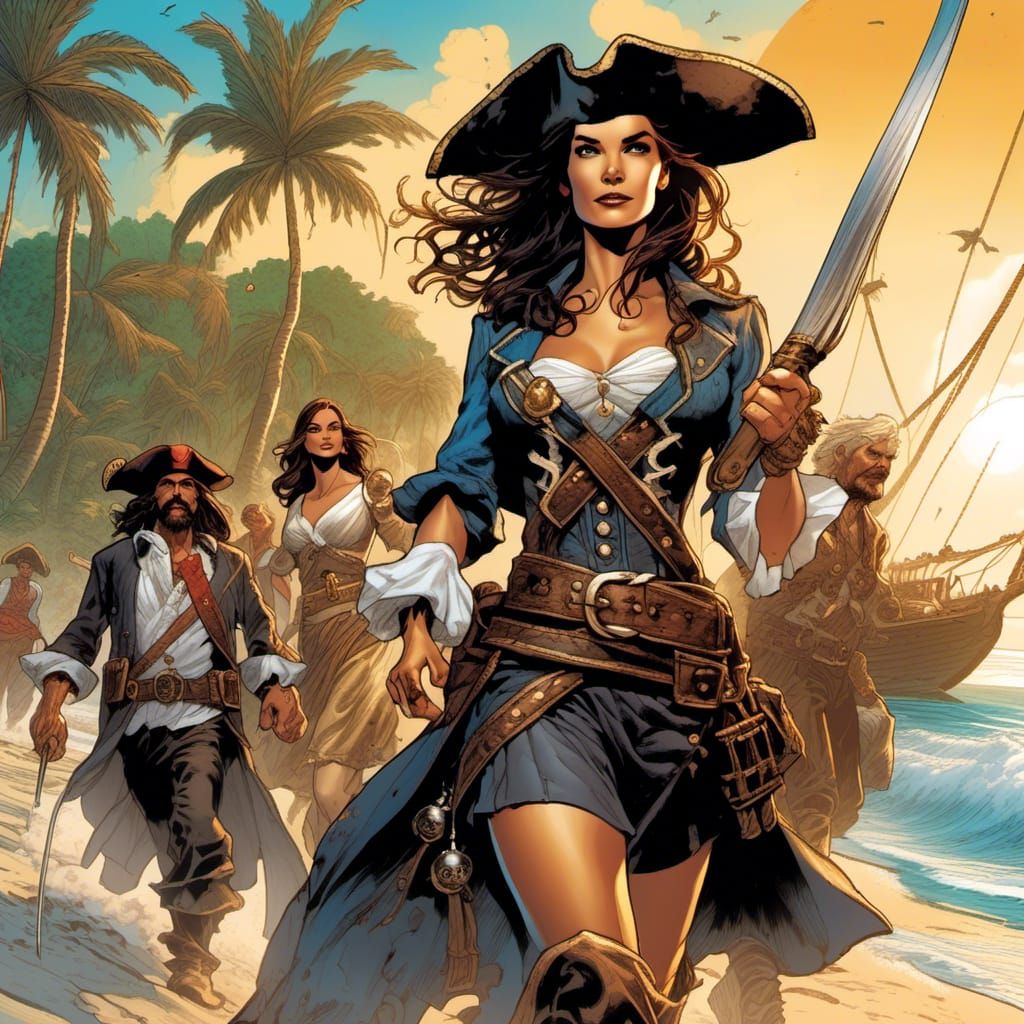 Pirate Captain Leading Brigands on Tropical Beach