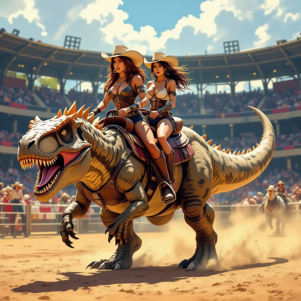 Neanderthal Cowgirls Ride Dinosaurs in Epic Rodeo