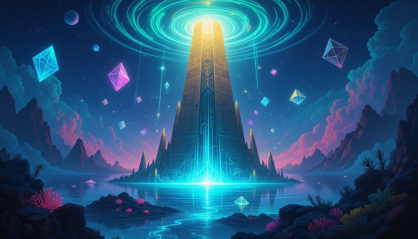 Biolumina Spire Ascends from Neon Ocean