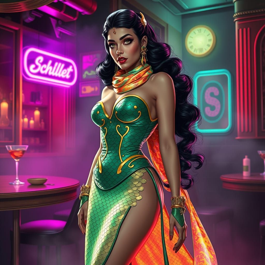 Emerald Goddess in Cyberpunk Splendor