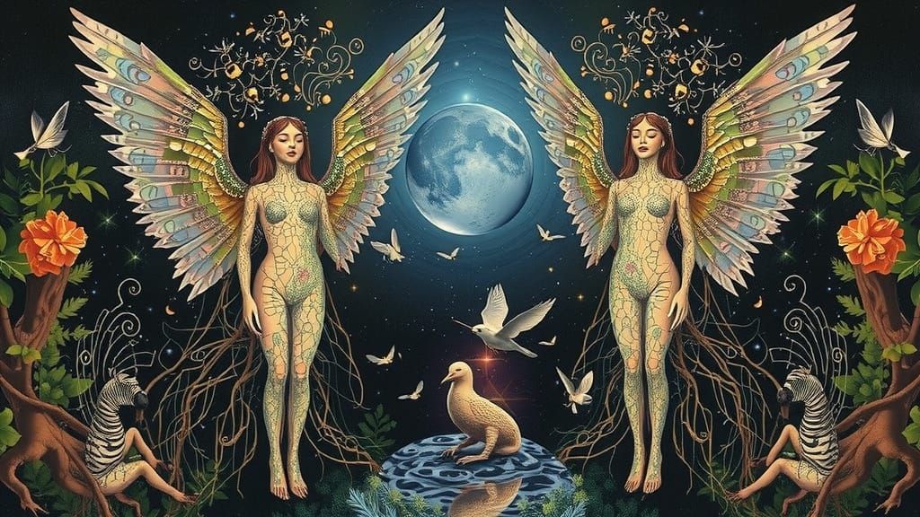 Fragmented Sculpture of Woman with Iridescent Wings in Fores...