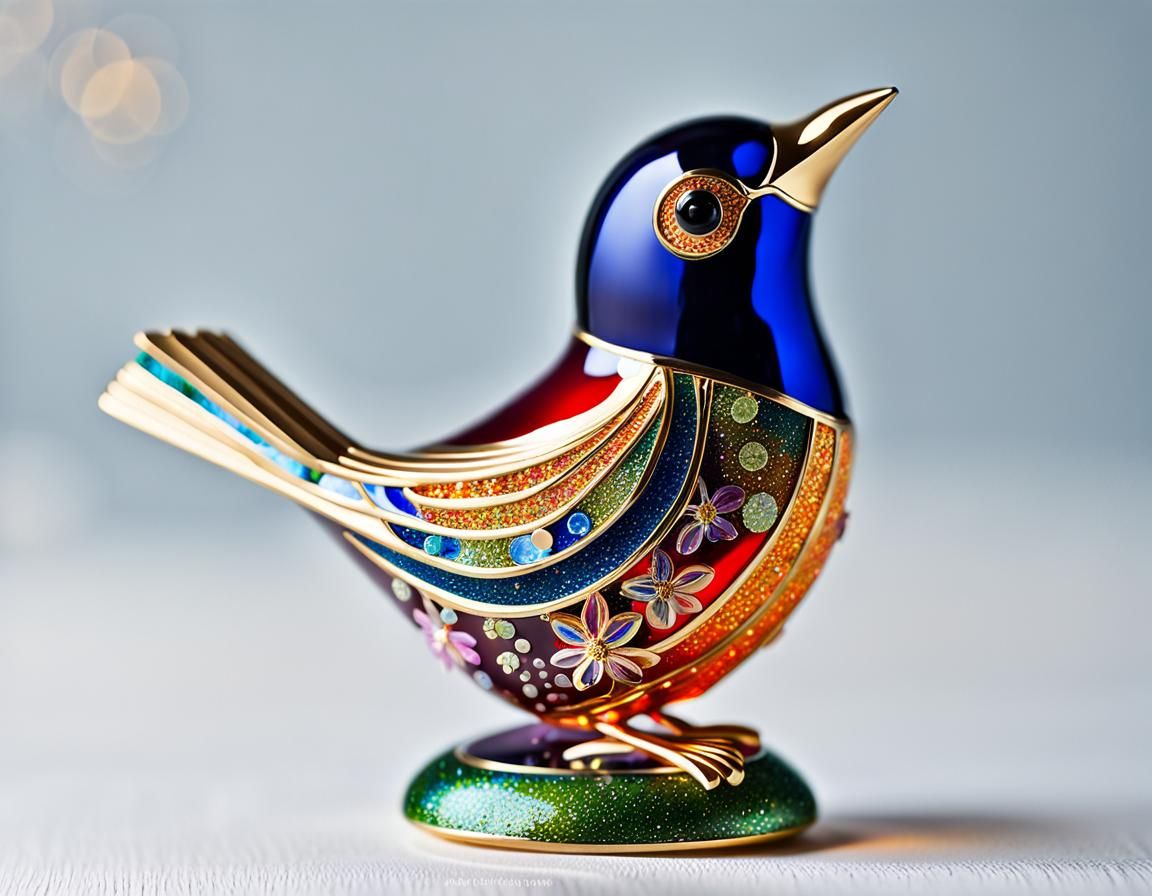 Enamelled Glass Songbird Figurine in Art Nouveau Style