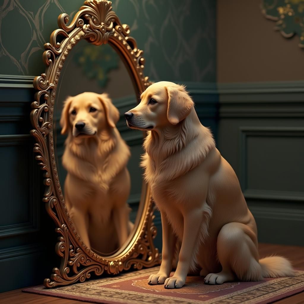 Golden Retriever's Reflection: Fantasy Concept Art