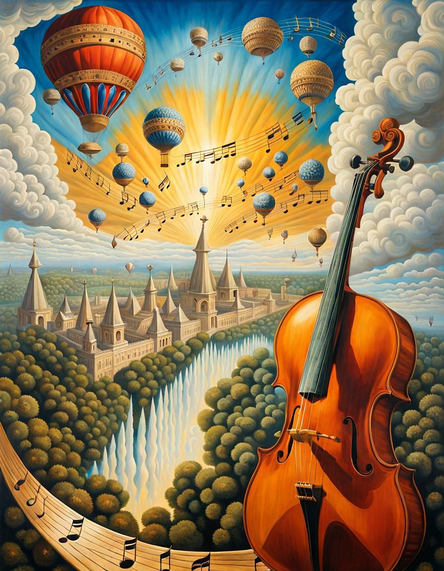 Flying Cello Over Crystal Palace: Surreal Art