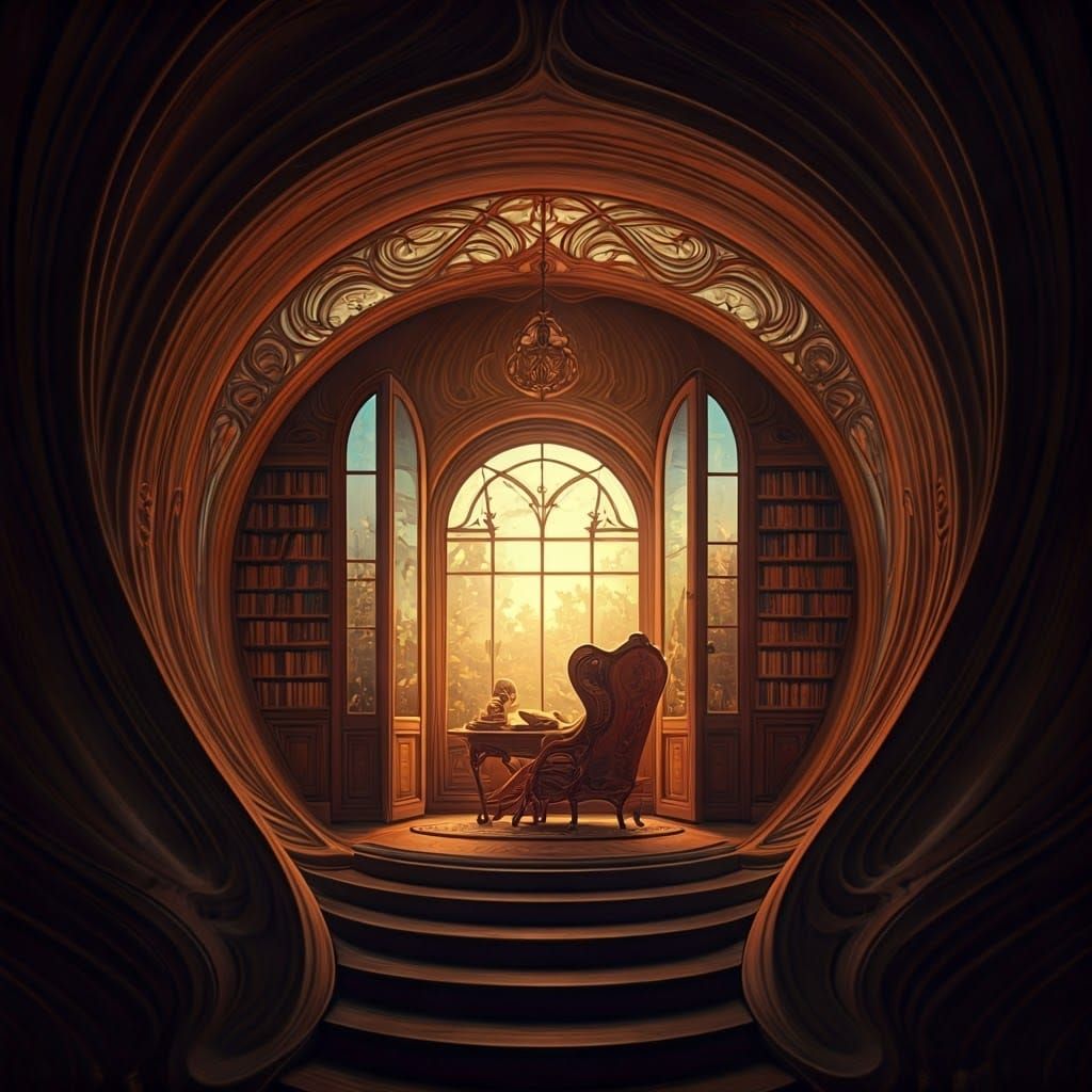 Elegant Art Nouveau Library with Soft Lighting