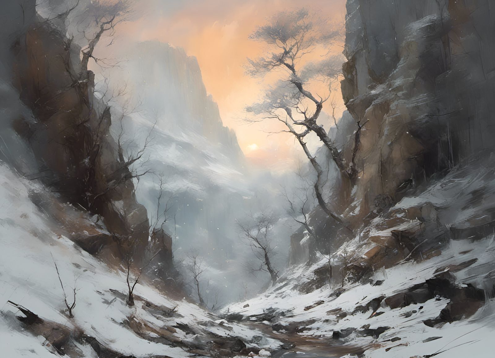 Snowy Mountain Gorge Sunrise in Textured Speedpaint Style