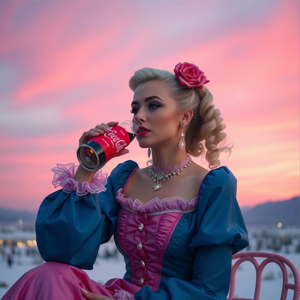 Baroque Royal Sips Pink Soda in Vibrant Atmosphere
