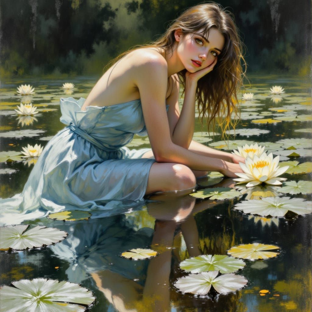 Brunette in Blue Gown by Mirror Pond