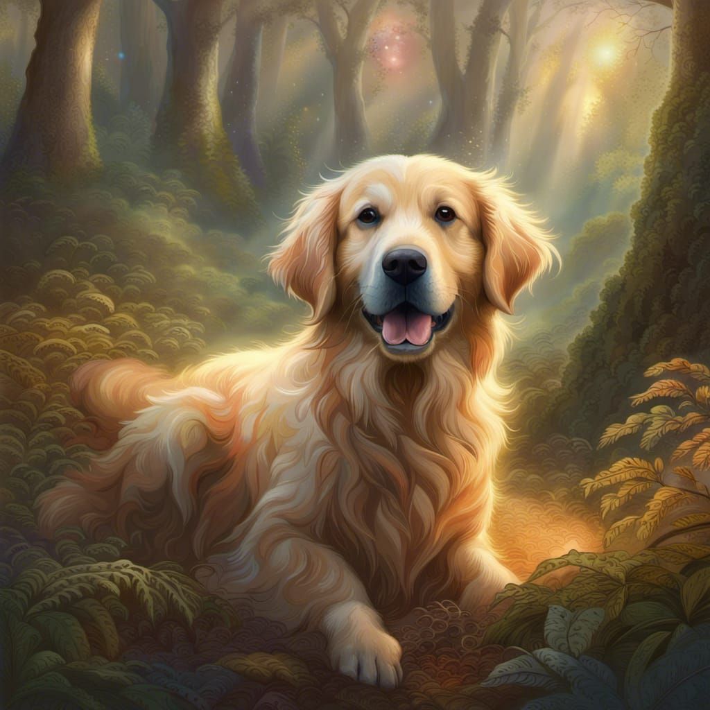 Majestic Golden Retriever in Ethereal Forest