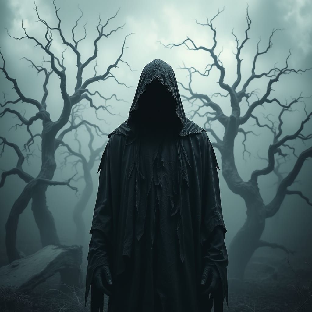 Ominous Figure in Desolate Landscape: Gothic Horror