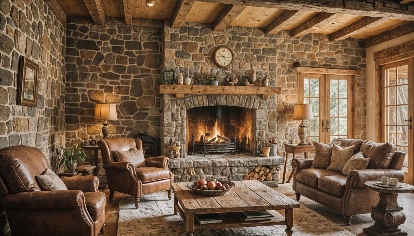 Rustic Living Room with Stone Fireplace