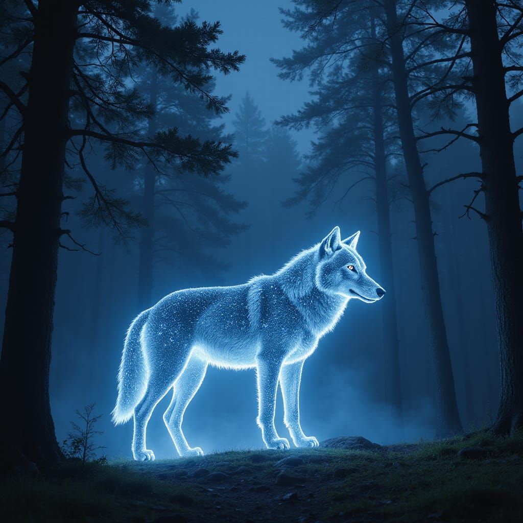 Starlight Wolf in Misty Forest, Digital Art