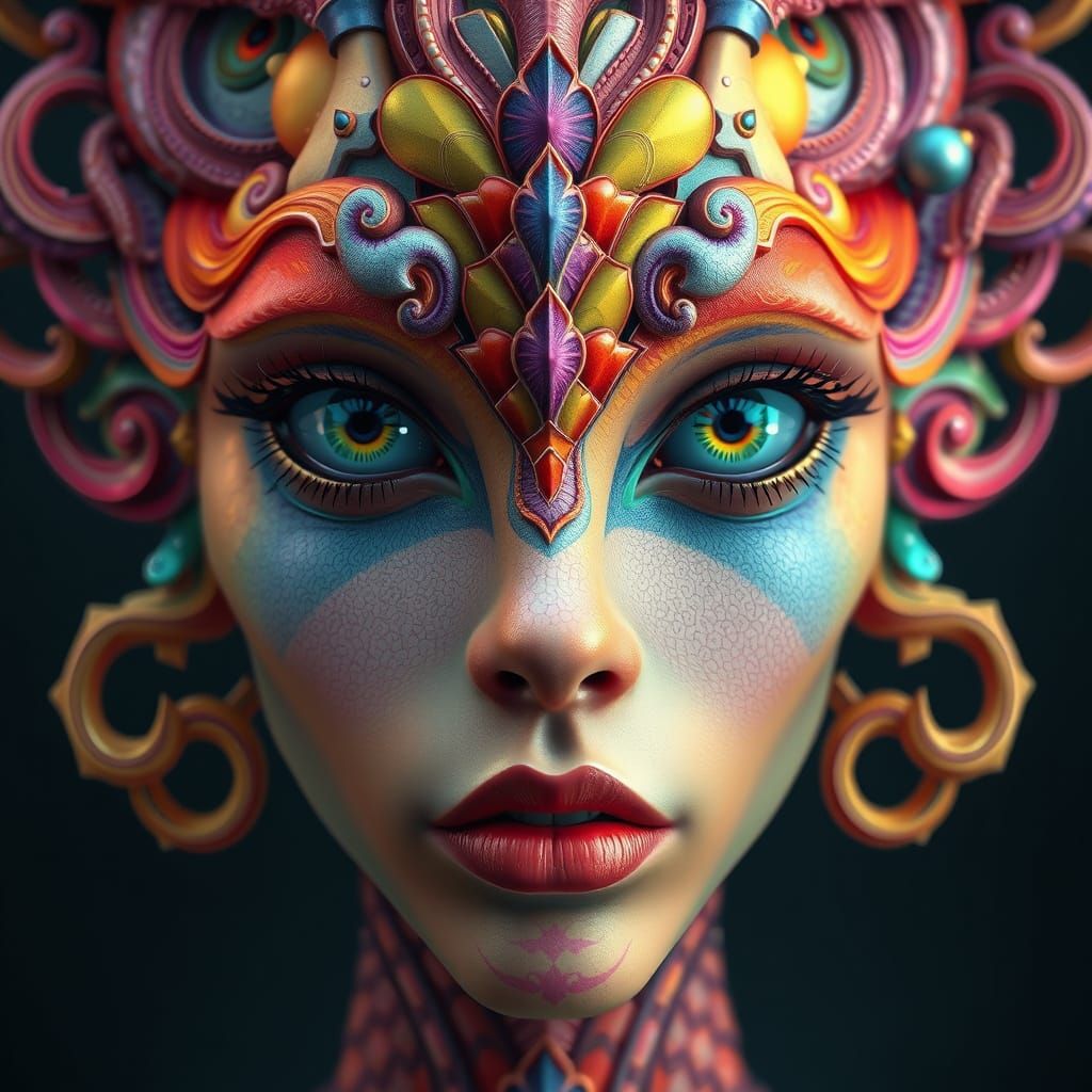 Vibrant Mermaid Face Portrait in Cyberpunk Digital Art Style